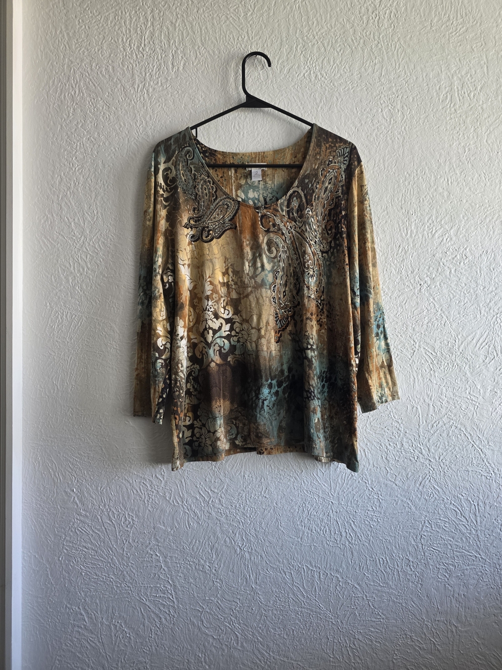 Chico's Paisley Animal Print Scoop Neck Tunic in Teal and Brown